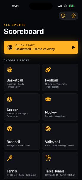 Home screen with sport tiles